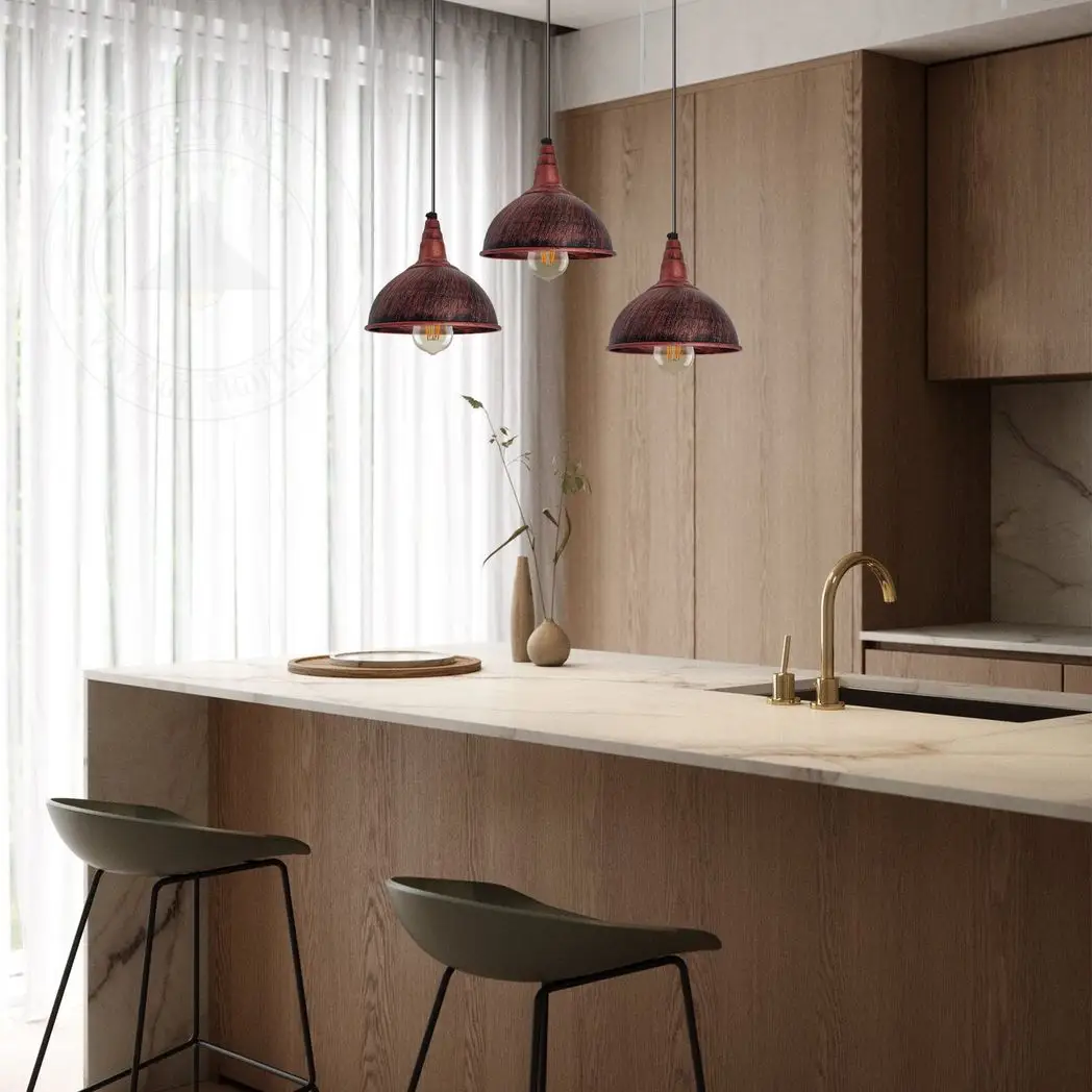 Un-branded Vintage Industrial Rustic Red 3 Head Reactangle Pendant Cord E27 Base Metal Brushed Light Fitting Small Dome Lamp Shade - Pendant Lights