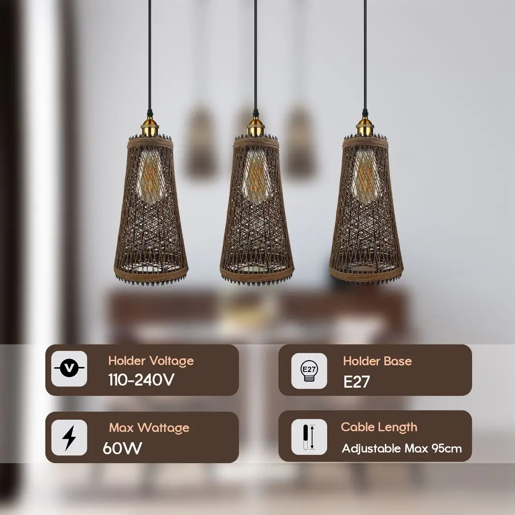 LEDSONE 3 Head Natural Wicker Basket Style Retro Industrial Vintage Rattan Ceiling Pendant - Pendant Lights