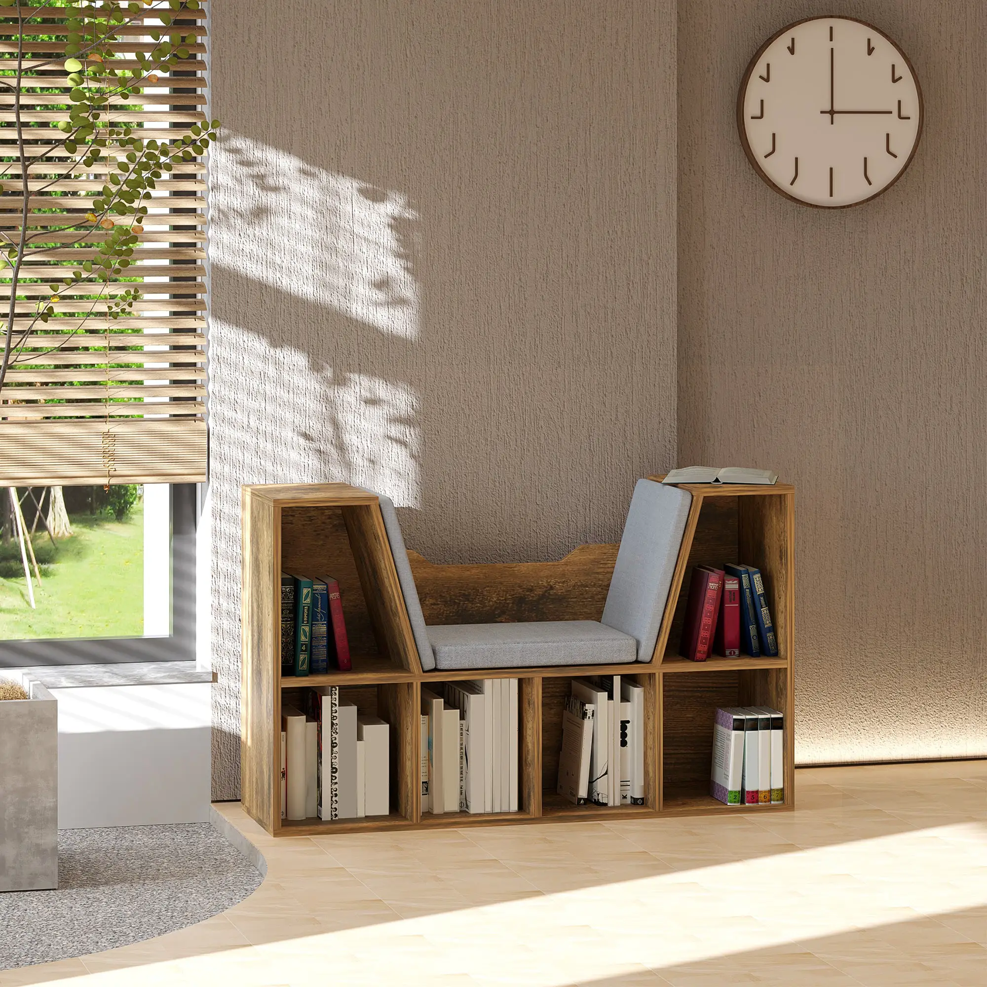 HOMCOM Bookcase Storage Reading Seat Unit Kids Adults Six Cubes Brown - Bookcase