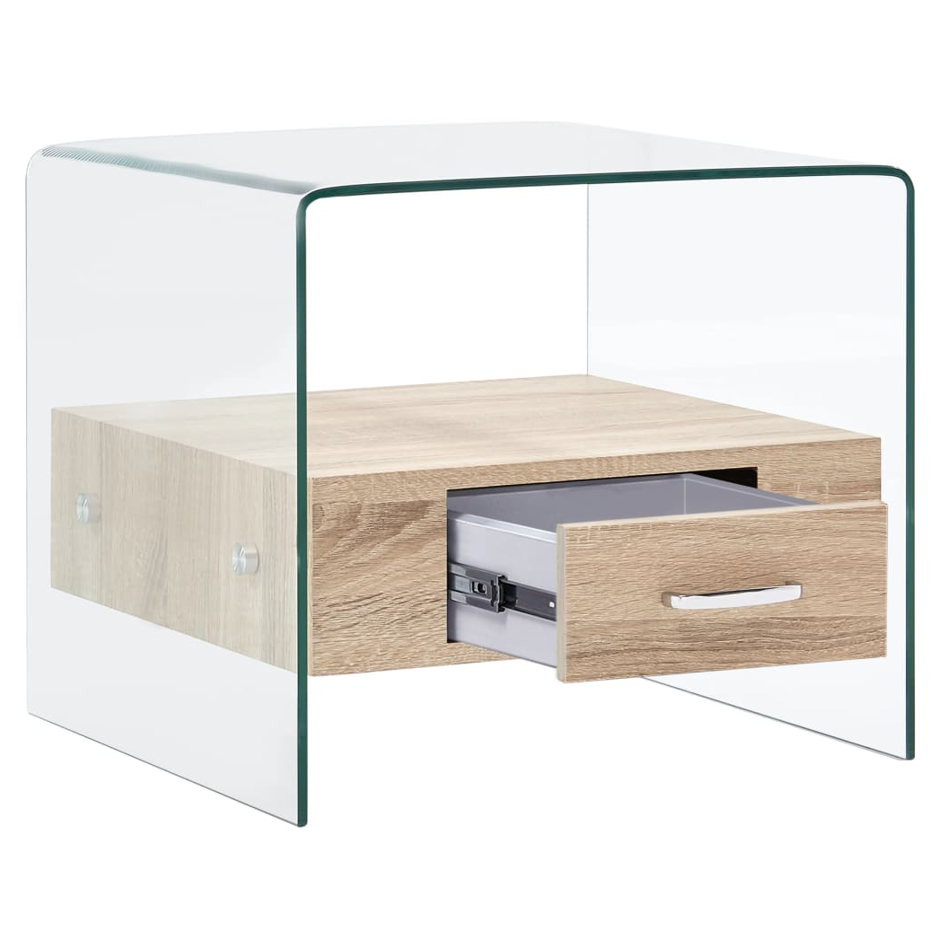 VidaXL Coffee Table 50x50x45 cm Tempered Glass With Wood Drawer For Living Room Decor by vidaXL
