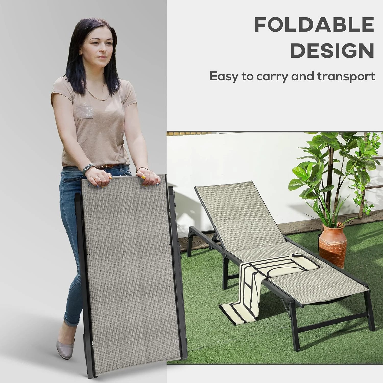 Outsunny Foldable PE Rattan Sun Lounger with 5-Level Adjustable Backrest by Outsunny