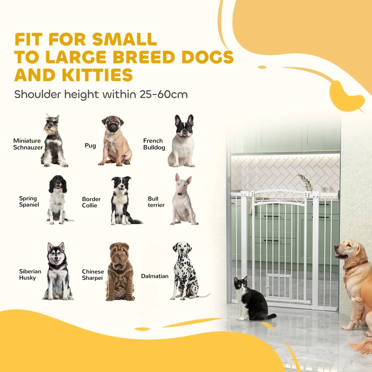 PawHut Stair Gate with Cat Door, Adjustable Width, 76-104cm and 106cm Tall - Pet Gate