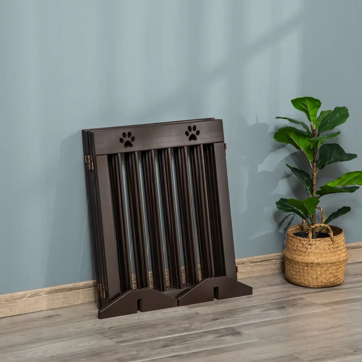Pawhut Freestanding Pet Gate 4 Panel Folding Wooden Dog Barrier w/ Support Feet - Pet Gate