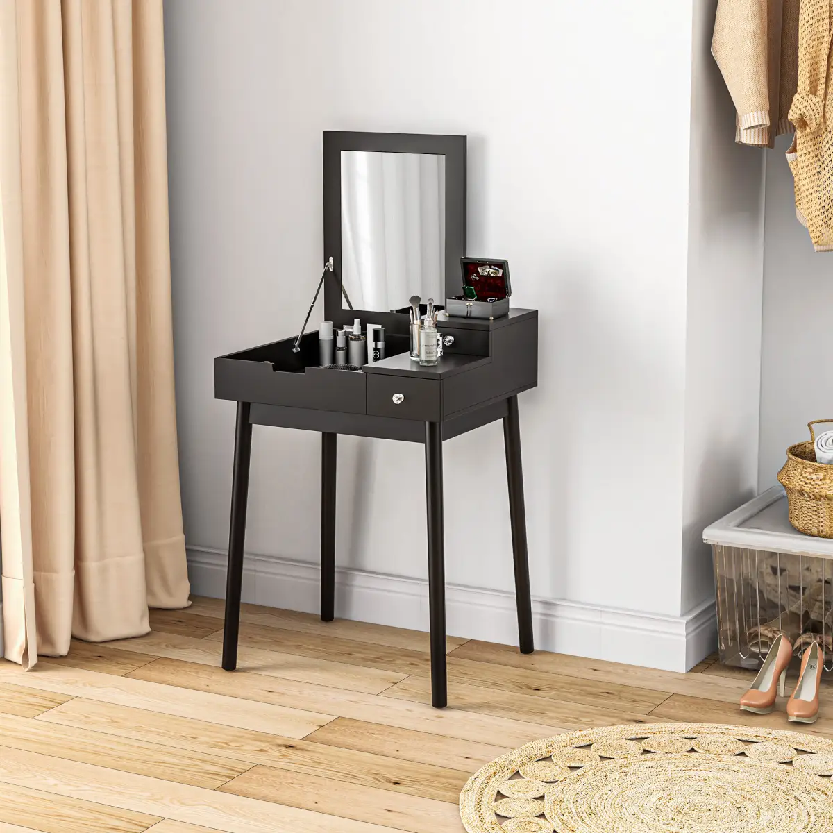 HOMCOM HOMCOM Dressing Table Vanity Desk Flip-up Mirror 2 Drawers, Black - Desk
