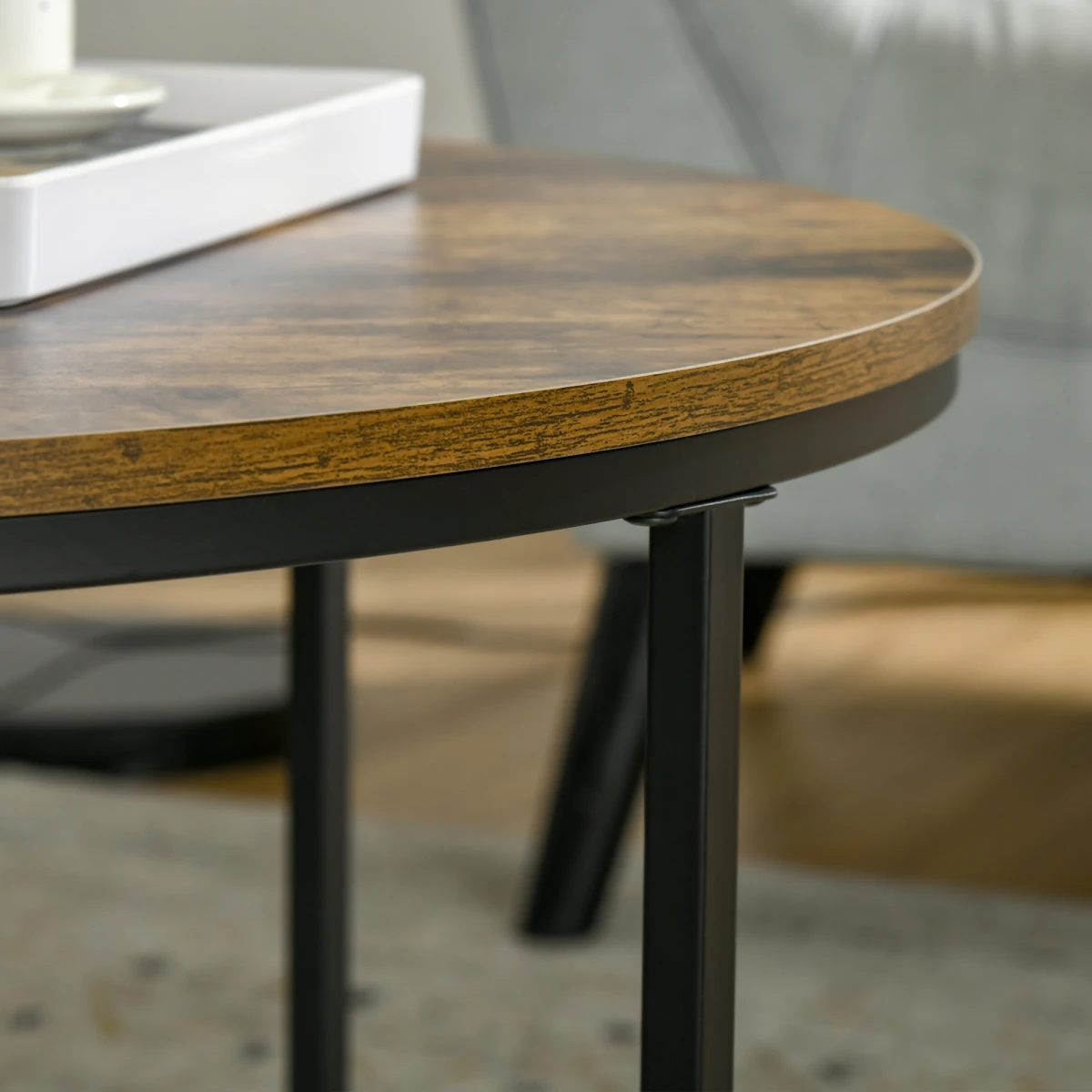 HOMCOM Industrial Round Side Table with Metal Frame, Large Tabletop, Rustic Brown - Dining Table