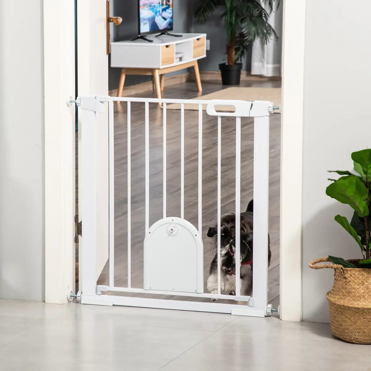 PawHut 75-103 cm Pet Safety Gate Pressure Fit Stair w/ Small Door Double Locking - Pet Gate