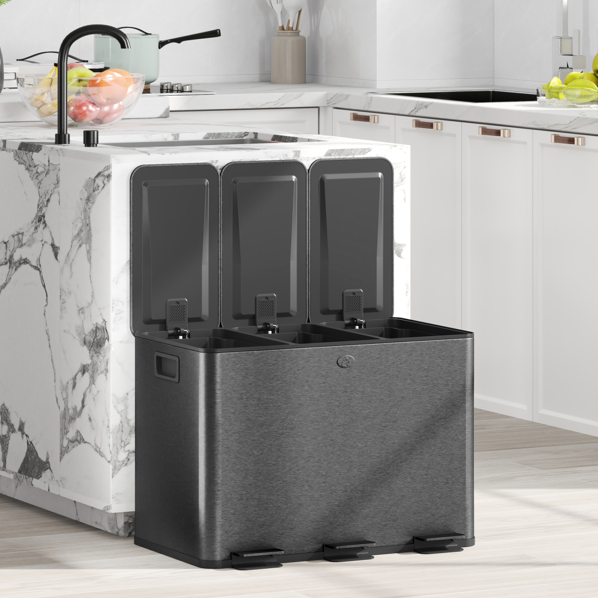 HOMCOM 3 x 20L Triple Kitchen Bin Pedal Bin for Recycling and Waste, Black - from HOMCOM