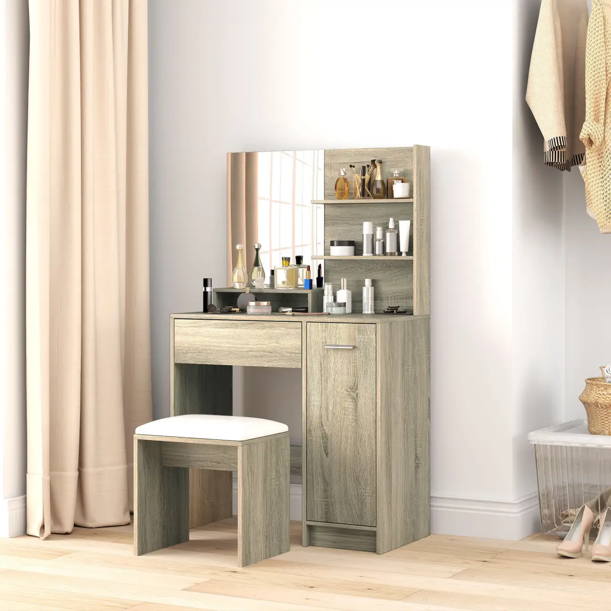 HOMCOM HOMCOM Dressing Table with Mirror and Stool, Makeup Desk for Bedroom - Desk
