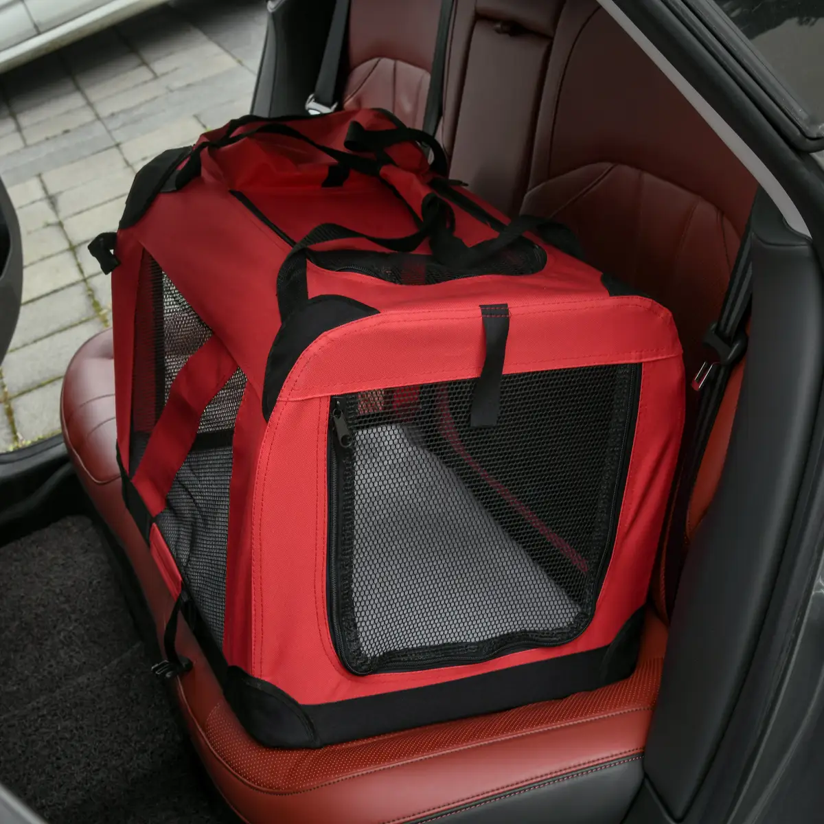 Pawhut Folding Pet Carrier Bag Soft Portable Cat Travel Cage, 60x42x42 cm, Red - Pet Carrier