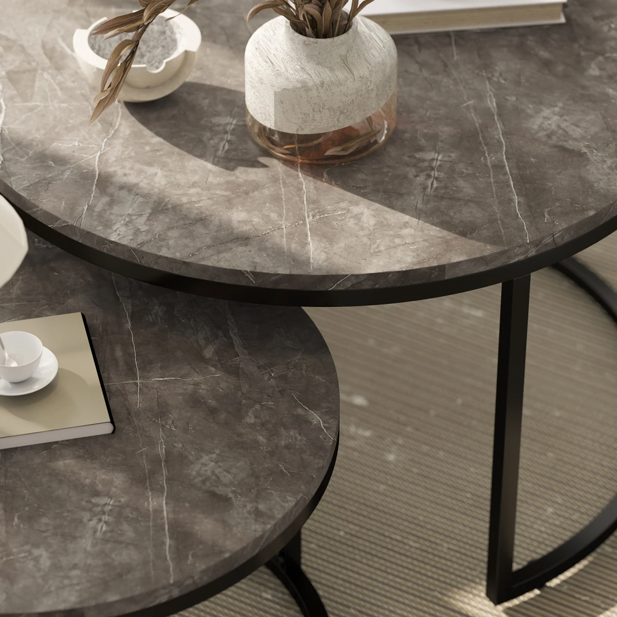 HOMCOM Two Piece Stacking Coffee Tables Set Large And Small Marble Effect MDF Tops Steel Frame With Foot Pads For Living Room - Coffee Table