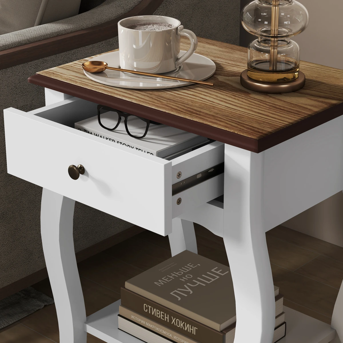 HOMCOM Bedside Tables 2 Pack Compact White Wood Top Drawer And Shelf Bedroom Storage - Bedside Table