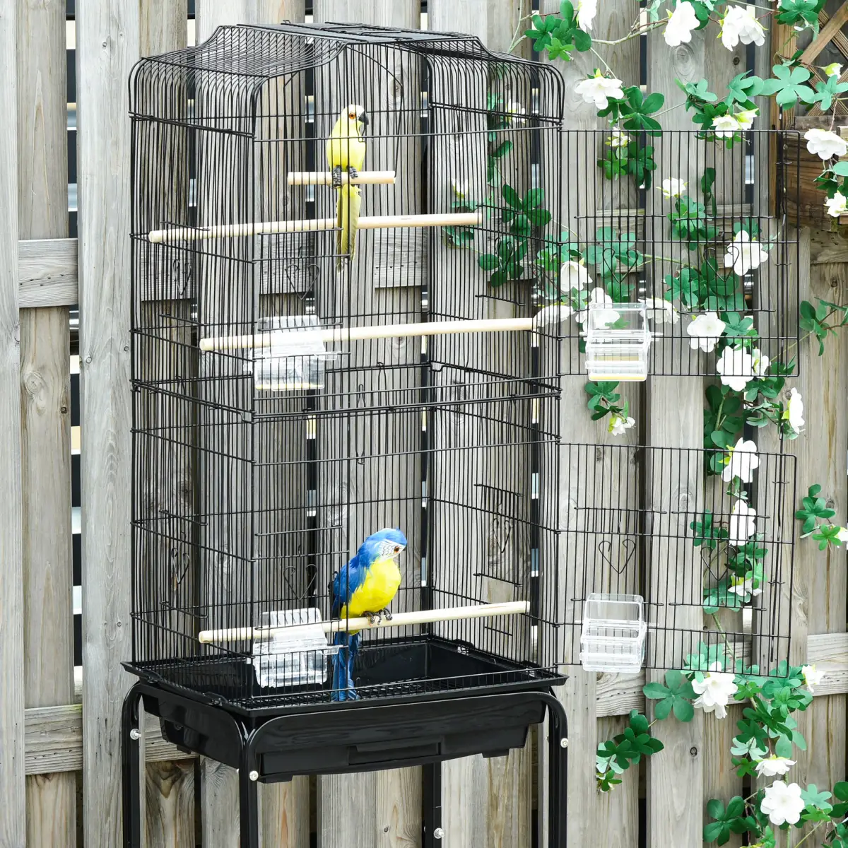 Pawhut Bird Cage Metal Budgie Cages W/ Rolling Stand Slide-out Tray Storage Shelf Black - Bird Cage