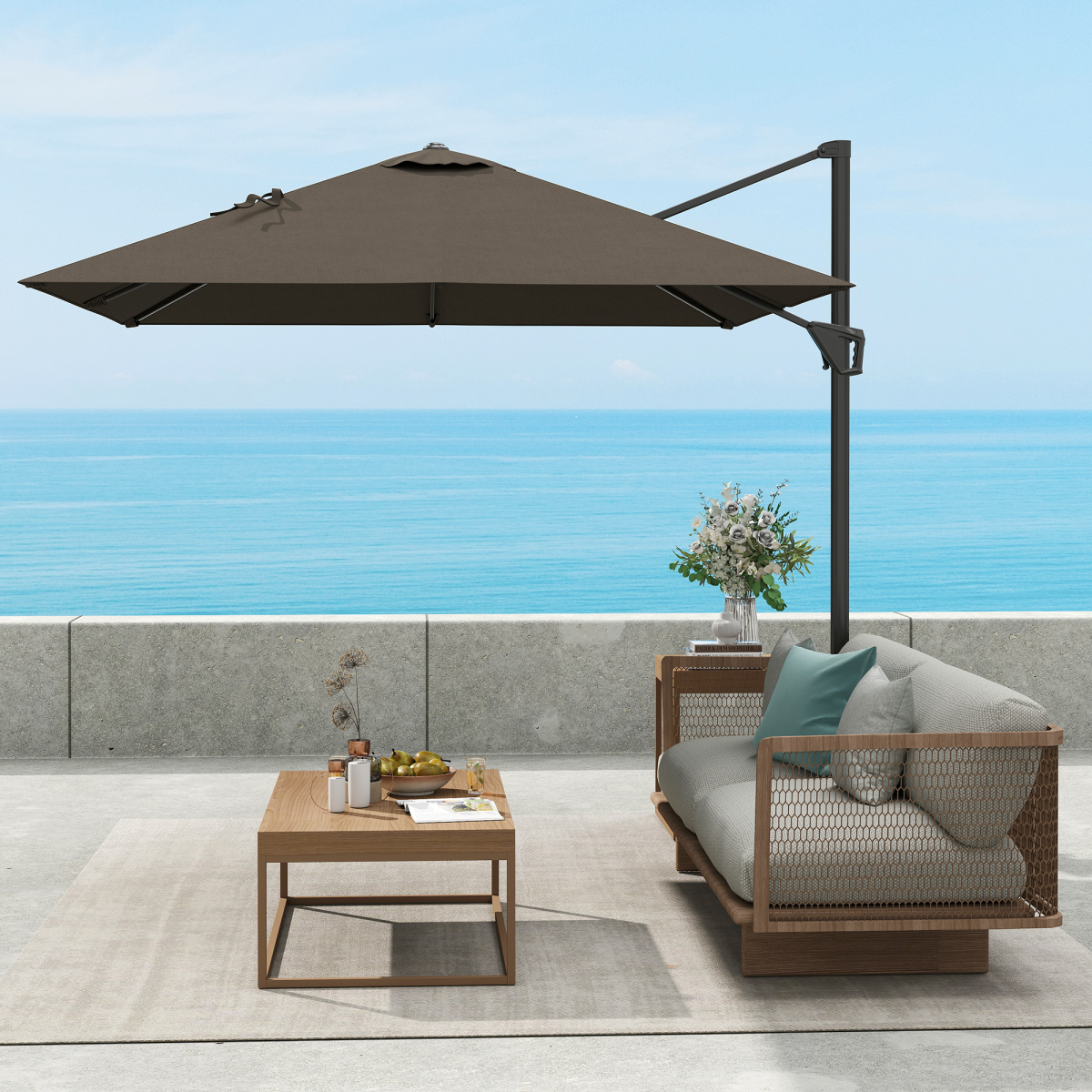 Outsunny Outsunny Square Cantilever Roma Parasol 360° Rotation w/ Hand Crank, Tan - Parasol