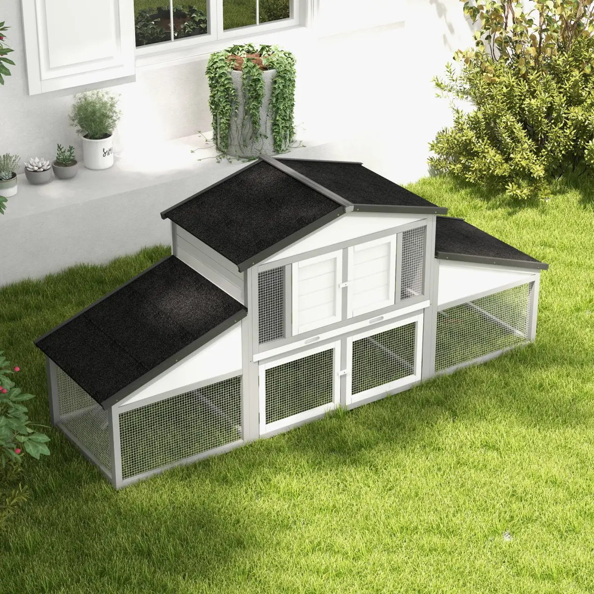 PawHut PawHut Large Rabbit Hutch with Run, Tray, Ramp, Wooden Guinea Pig House, Grey - Rabbit Hutch