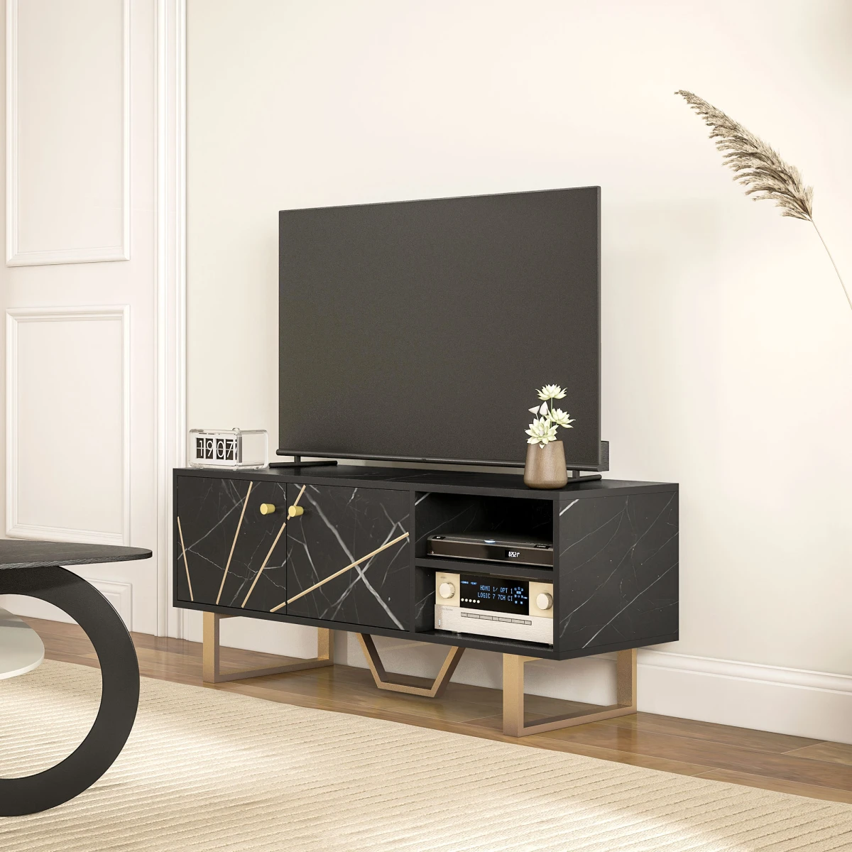 HOMCOM HOMCOM TV Unit Black Marble With Storage For Living Room - TV Unit