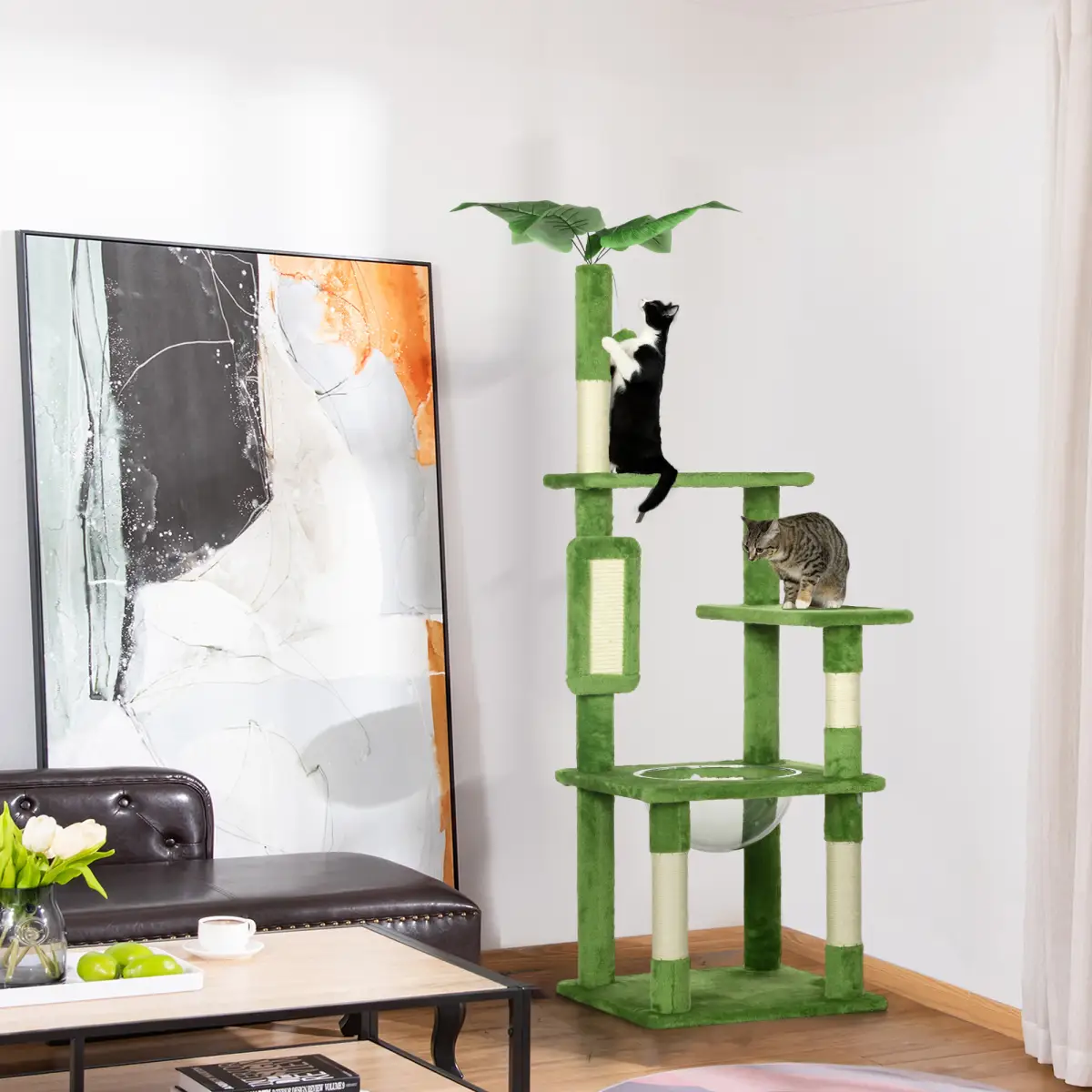 PawHut PawHut 142cm Cat Tree Tower with Scratching Post Hammock Ball Platforms Green - Cat Tree
