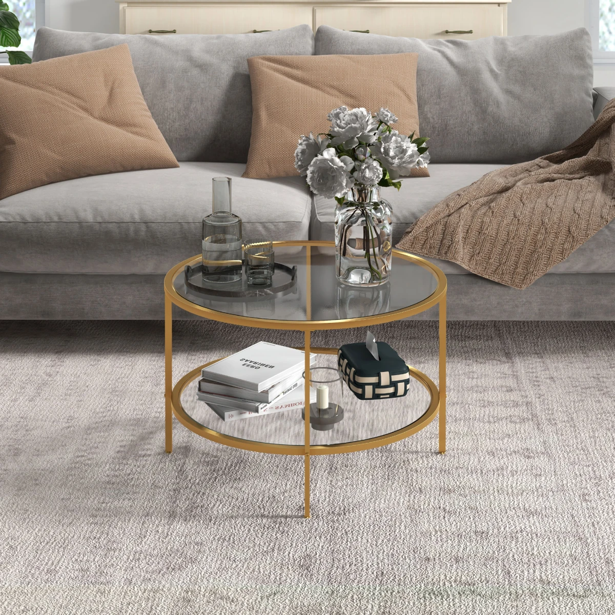 HOMCOM Round Coffee Table Tempered Glass Gold - Coffee Table