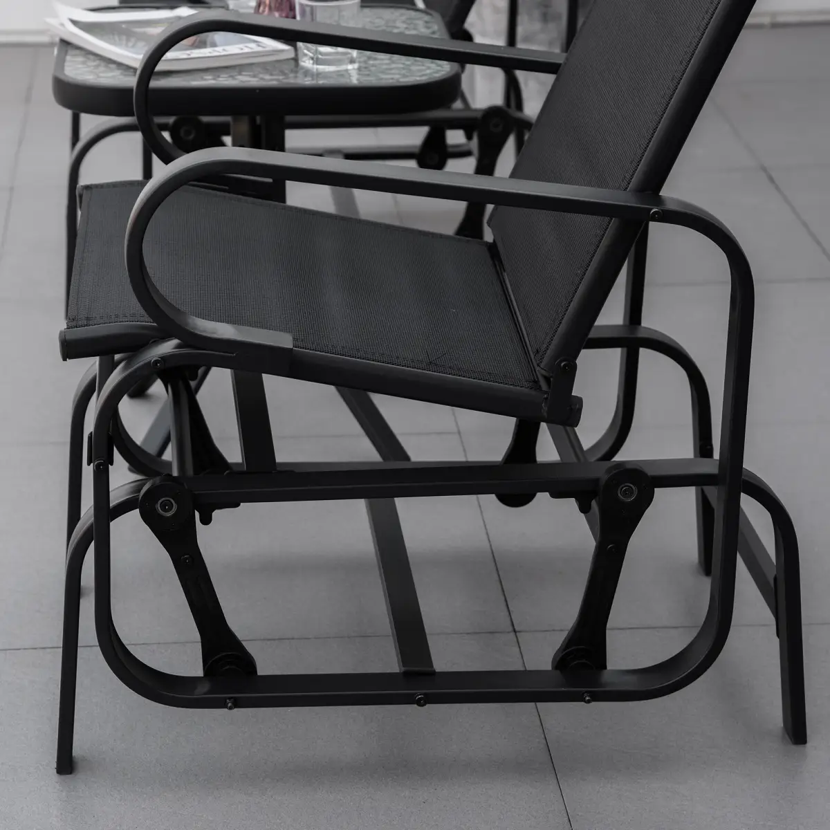 Outsunny 3 PCs Gliding Rocking Chair With Tea Table Smooth Rockers Sling Seat - Garden Chairs