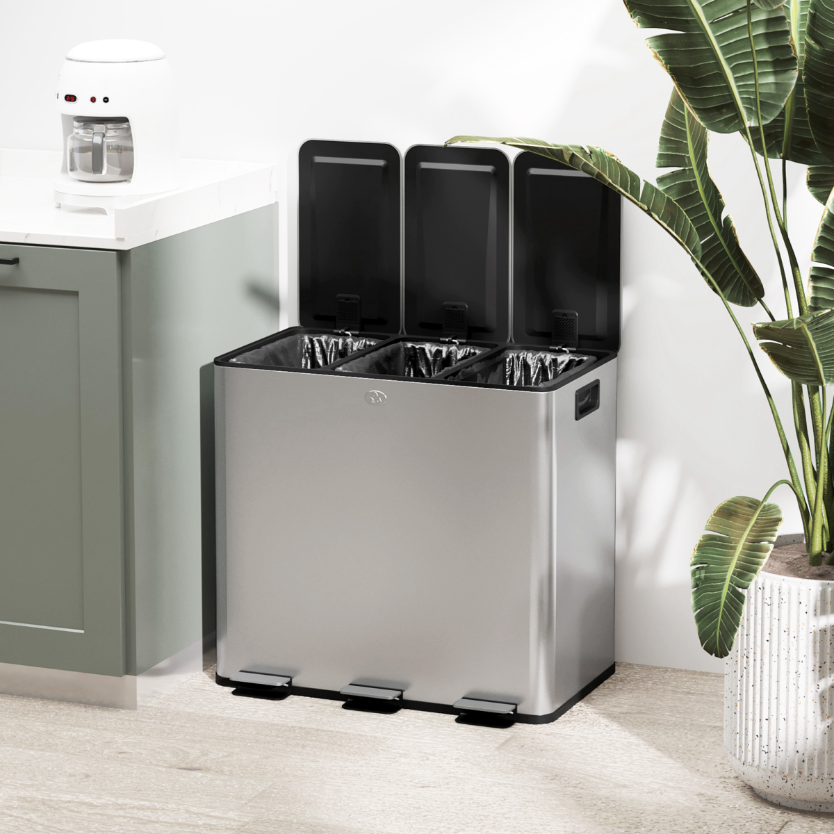HOMCOM 3 x 15L Triple Kitchen Bin Pedal Bin for Recycling and Waste, Silver - from HOMCOM
