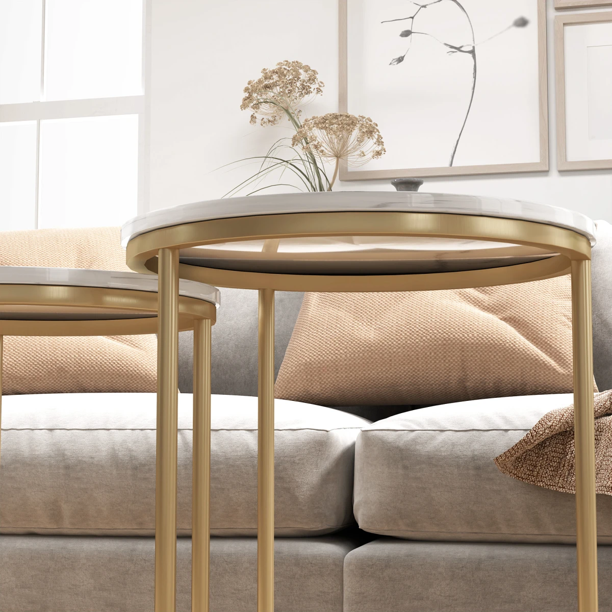 HOMCOM Nesting Coffee Tables Set of 2 With Marble Look Tops and Gold Frames for Modern Living Room - Coffee Table