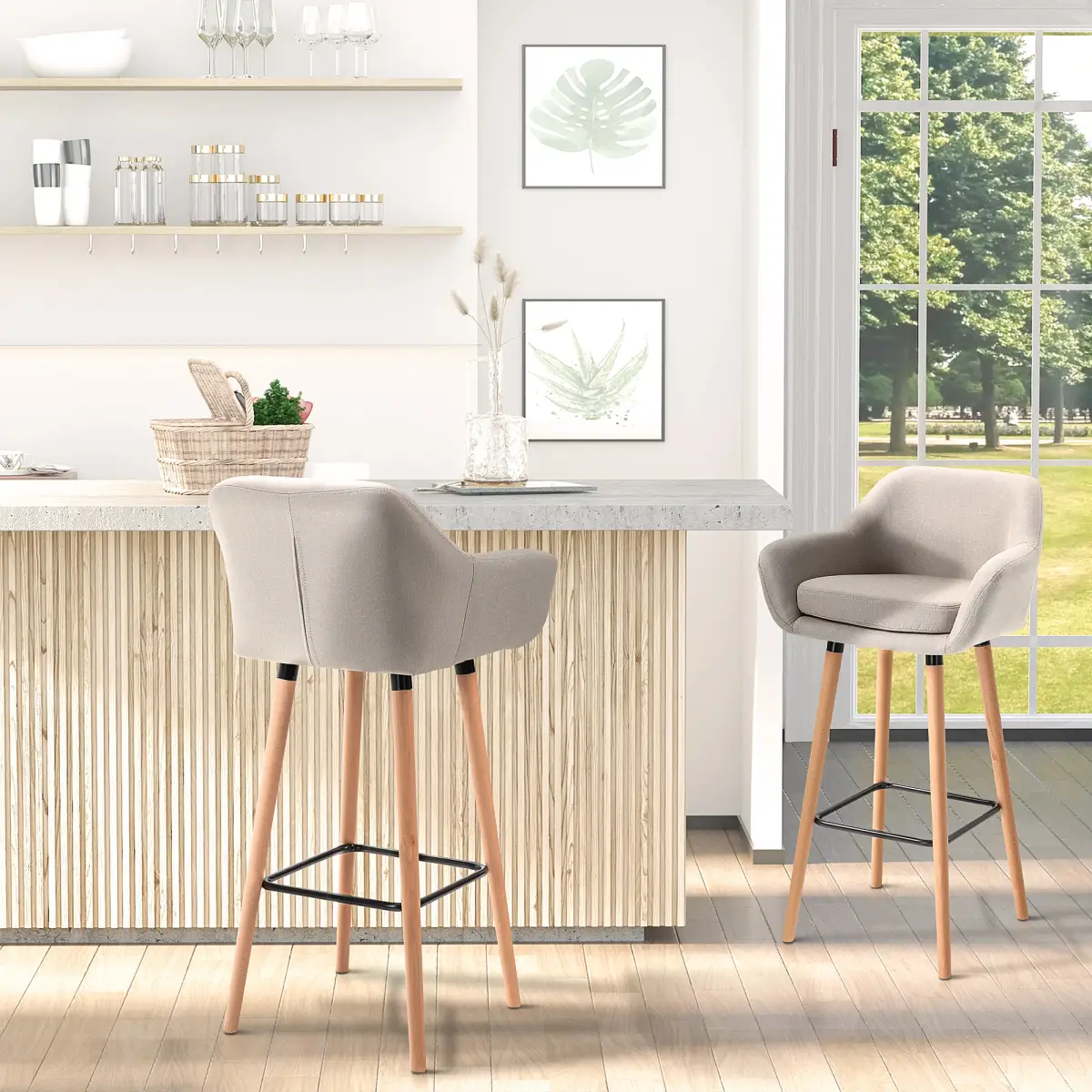 HOMCOM 2 PCs Modern Upholstered Fabric Bucket Seat Bar Stools w/ Solid Wood Legs Beige - Bar Stool