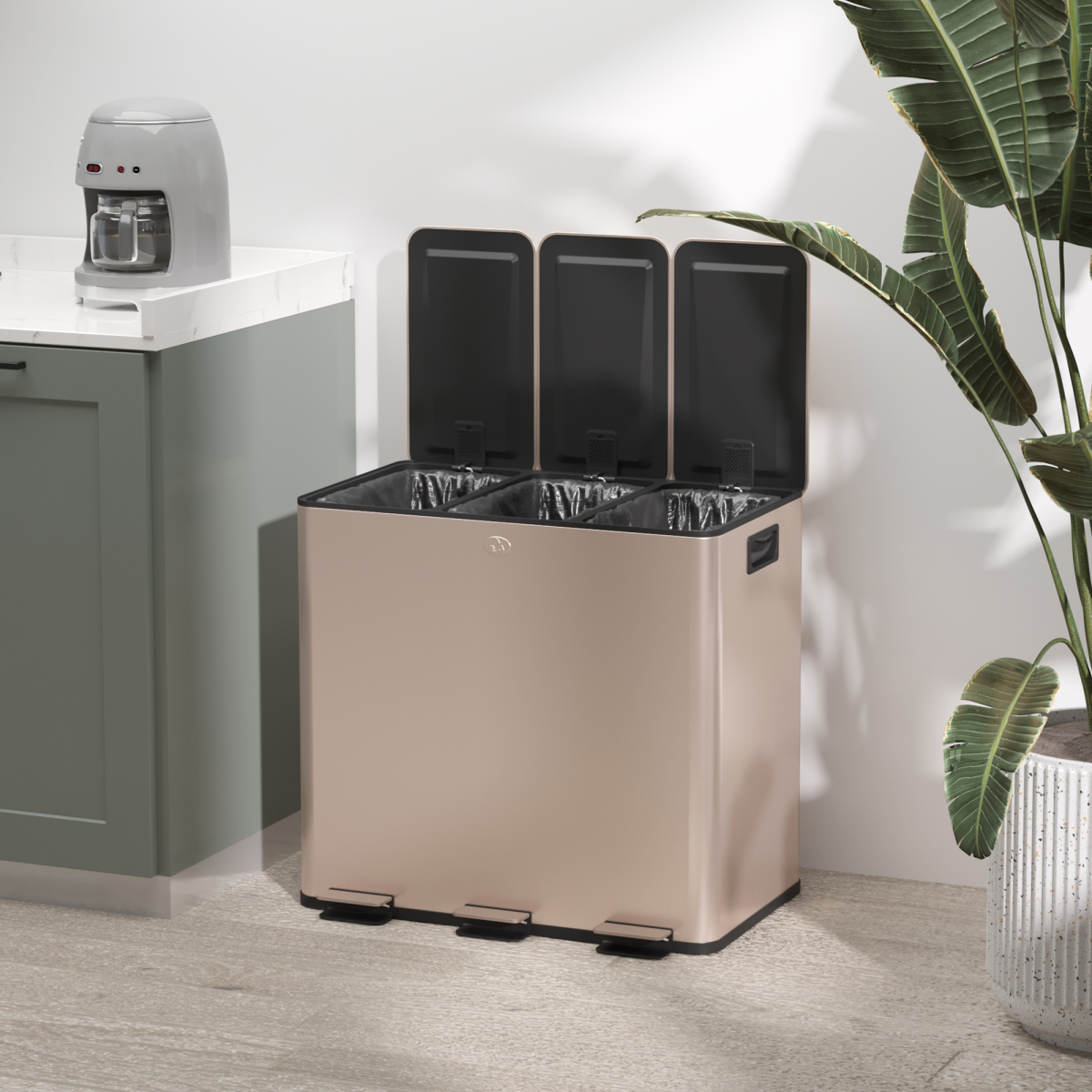 HOMCOM 3 x 15L Triple Kitchen Bin Pedal Bin for Recycling and Waste, Gold Tone - from PawHut