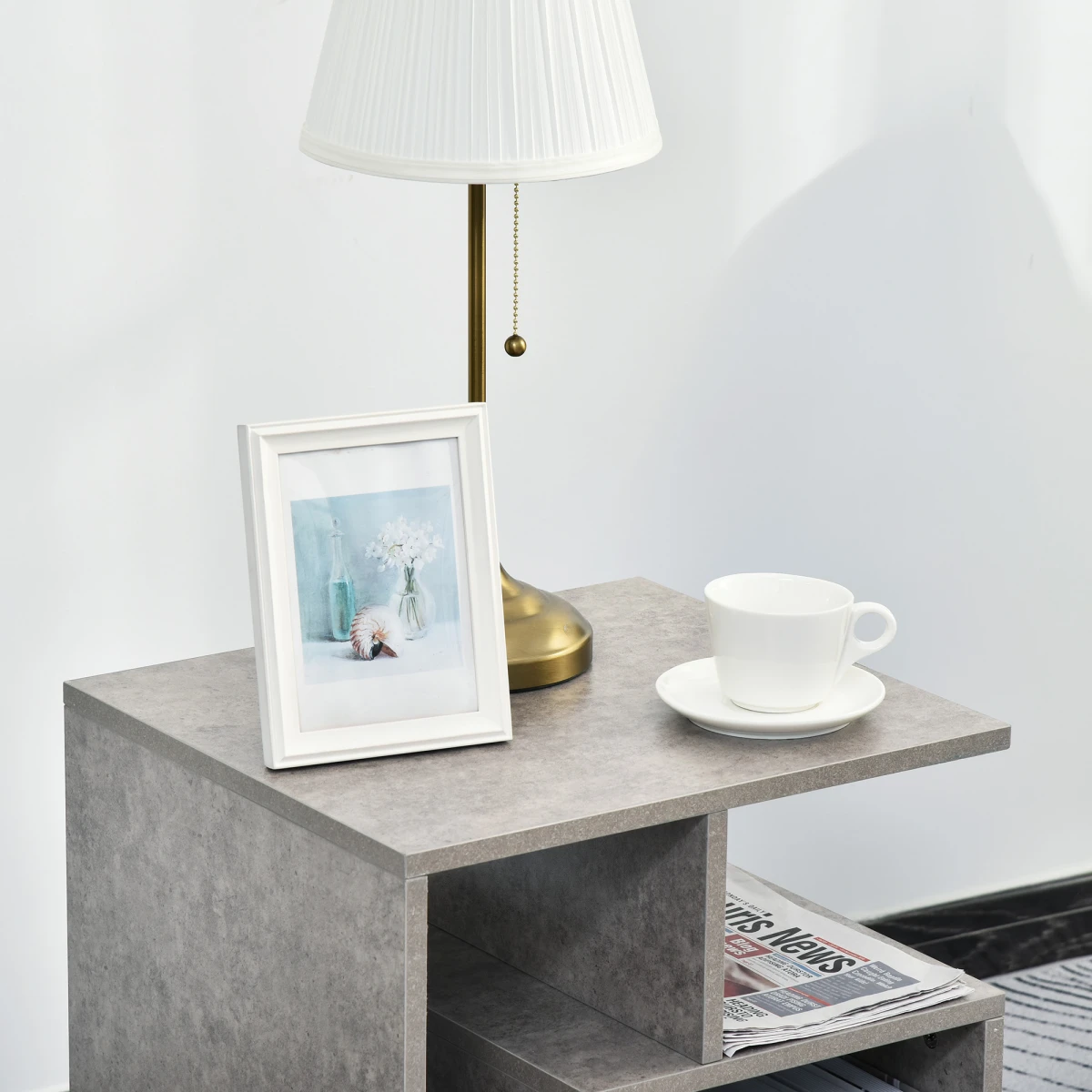 Premium Three-Tier Side End Table With Open Shelves For Living Room and Home Office Storage Organizer In Grey