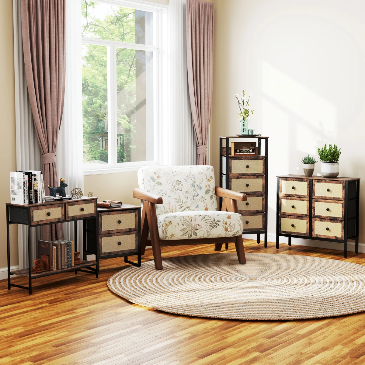HOMCOM HOMCOM Bedside Table Compact Two Rattan Drawers With Steel Legs Rustic Brown Finish For Bedroom Decor - Bedside Table