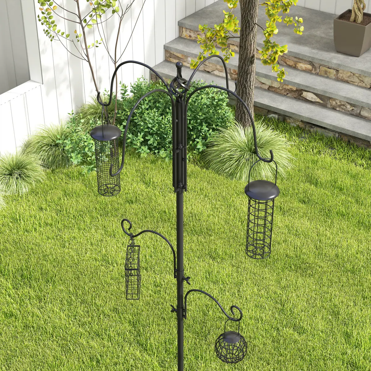 Pawhut Bird Feeding Station Kit Wild Bird Feeder Pole w/ 6 Hooks 4 Hanging Feeders - Bird Feeder