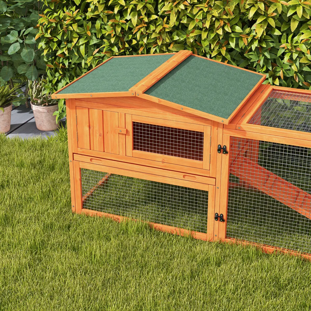 Unbranded Rabbit Hutch and Run Outdoor Sliding Tray Hay Rack Ramp, 156x58x68 cm Pawhut - Rabbit Hutch