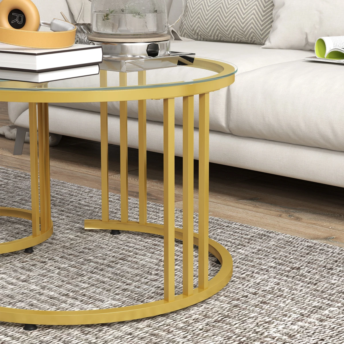 HOMCOM Nesting Coffee Tables Two Piece Set Tempered Glass Tops Gold Art Deco Living Room Decor by HOMCOM