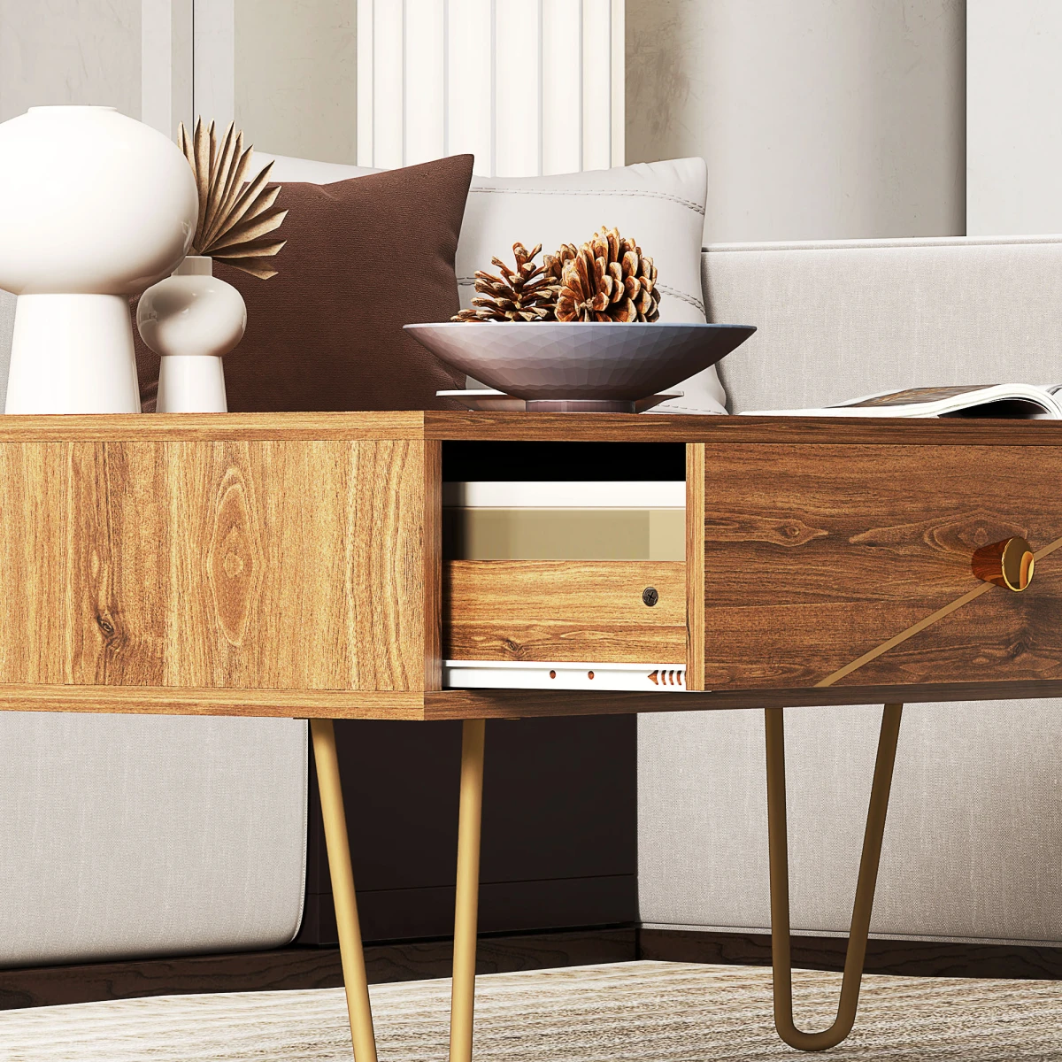 HOMCOM Coffee Table Long Woodgrain Finish With Two Drawers Gold Hairpin Legs Living Room by HOMCOM