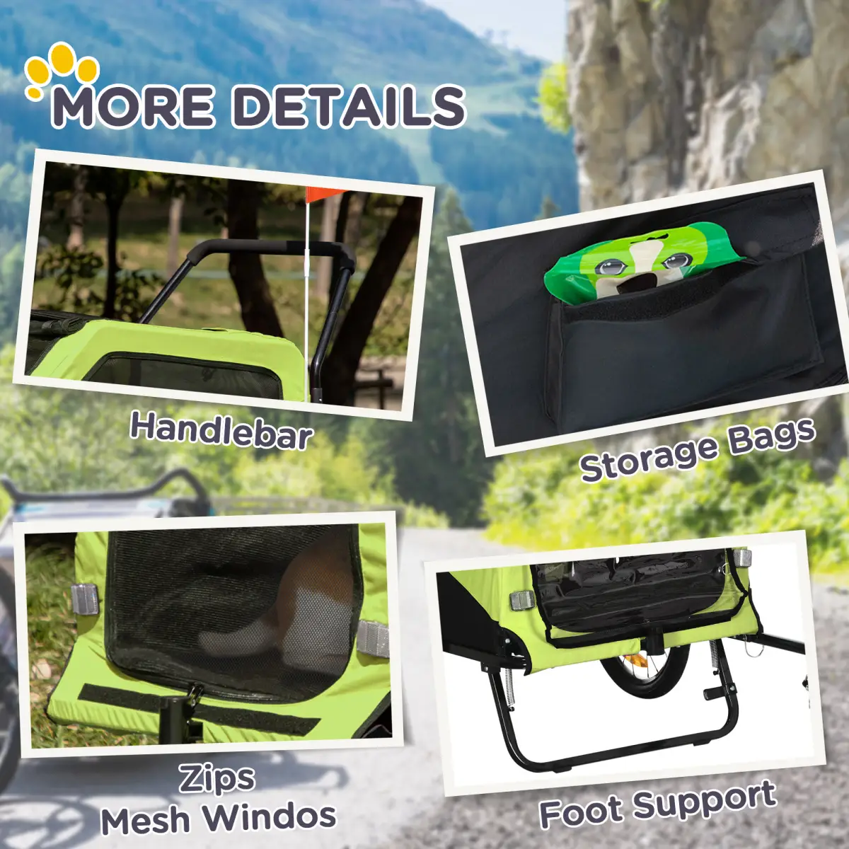 PawHut 2 in 1 Dog Bike Trailer Pet Stroller for Large Dogs W/ Hitch - Green - Pet Carrier