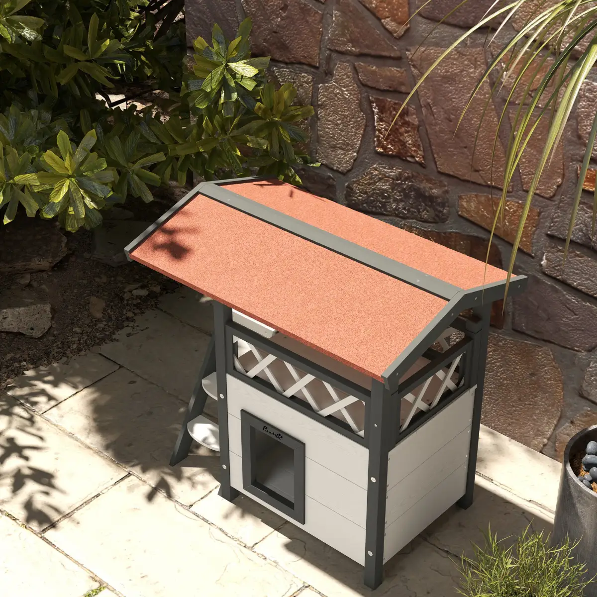 PawHut PawHut Outdoor Cat House with Balcony Stairs Roof, White - Cat House