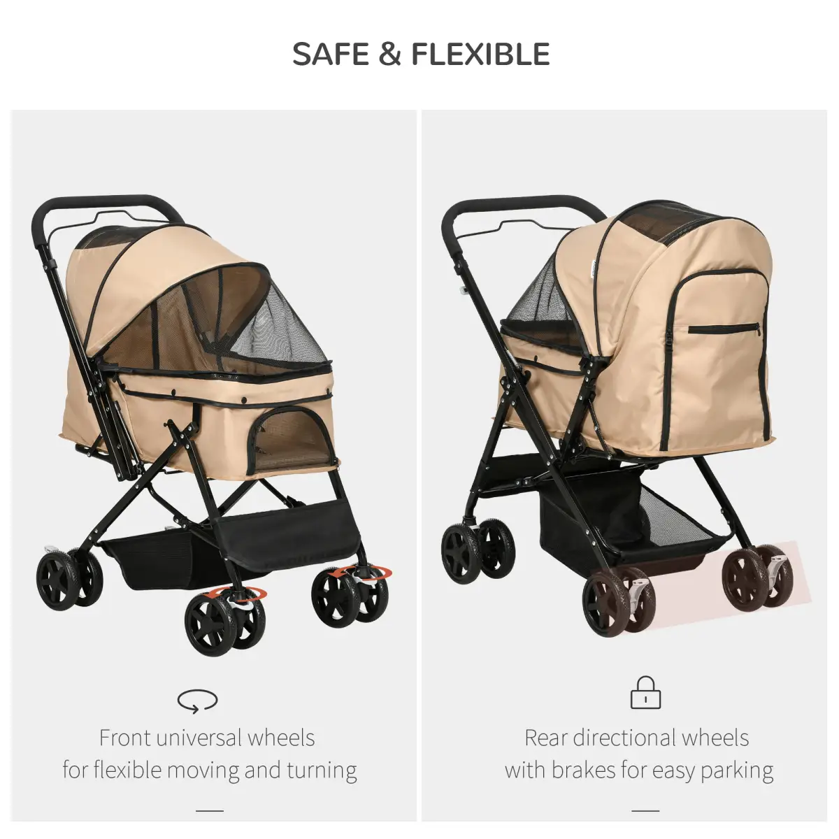PawHut Pet Stroller Dog Foldable Travel Carriage with Reversible Handle, Brown - Pet Carrier