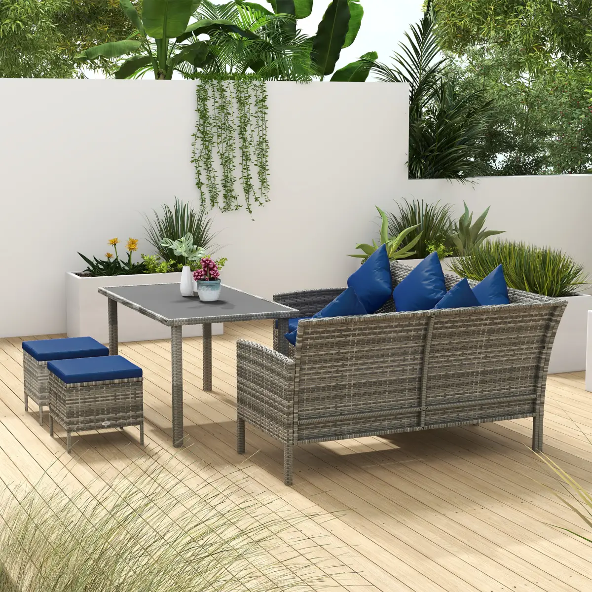 Outsunny Outsunny 5Pcs Rattan Dining Corner Sofa Set, Garden Furniture Set, Dark Blue - Garden Sofa Sets