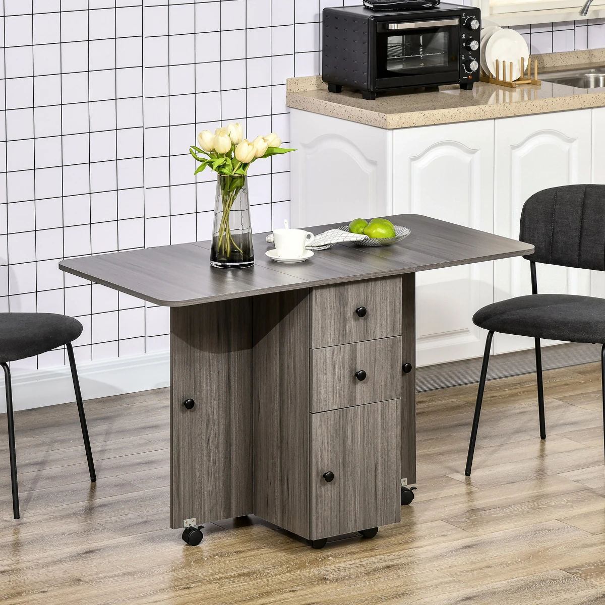 HOMCOM Drop Leaf Table Grey Wood Compact Drawers Apartments by HOMCOM