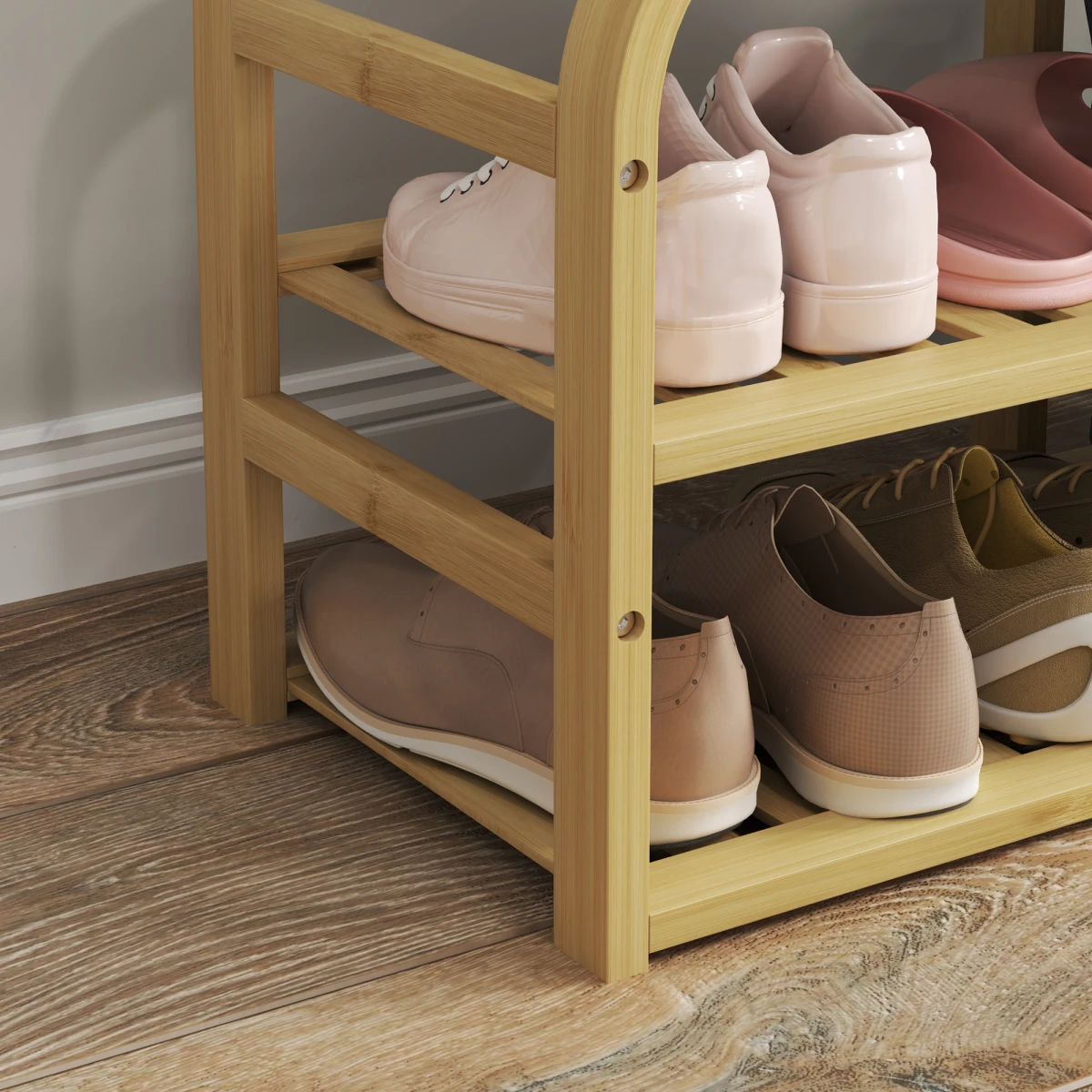 HOMCOM HOMCOM Bamboo Shoe Rack Bench With Padded Top And Pull Out Storage Basket Holds Four Pairs Natural Wood Finish Hallway - Shoe Storage
