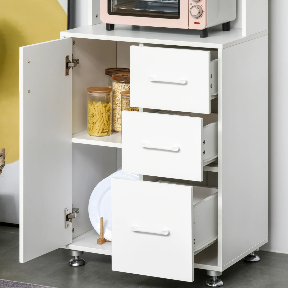 HOMCOM Premium White Kitchen Buffet Storage Cabinet 60x40x150cm With 2 Cabinets 3 Drawers Microwave Rack With Cable Management - Chest of Drawers