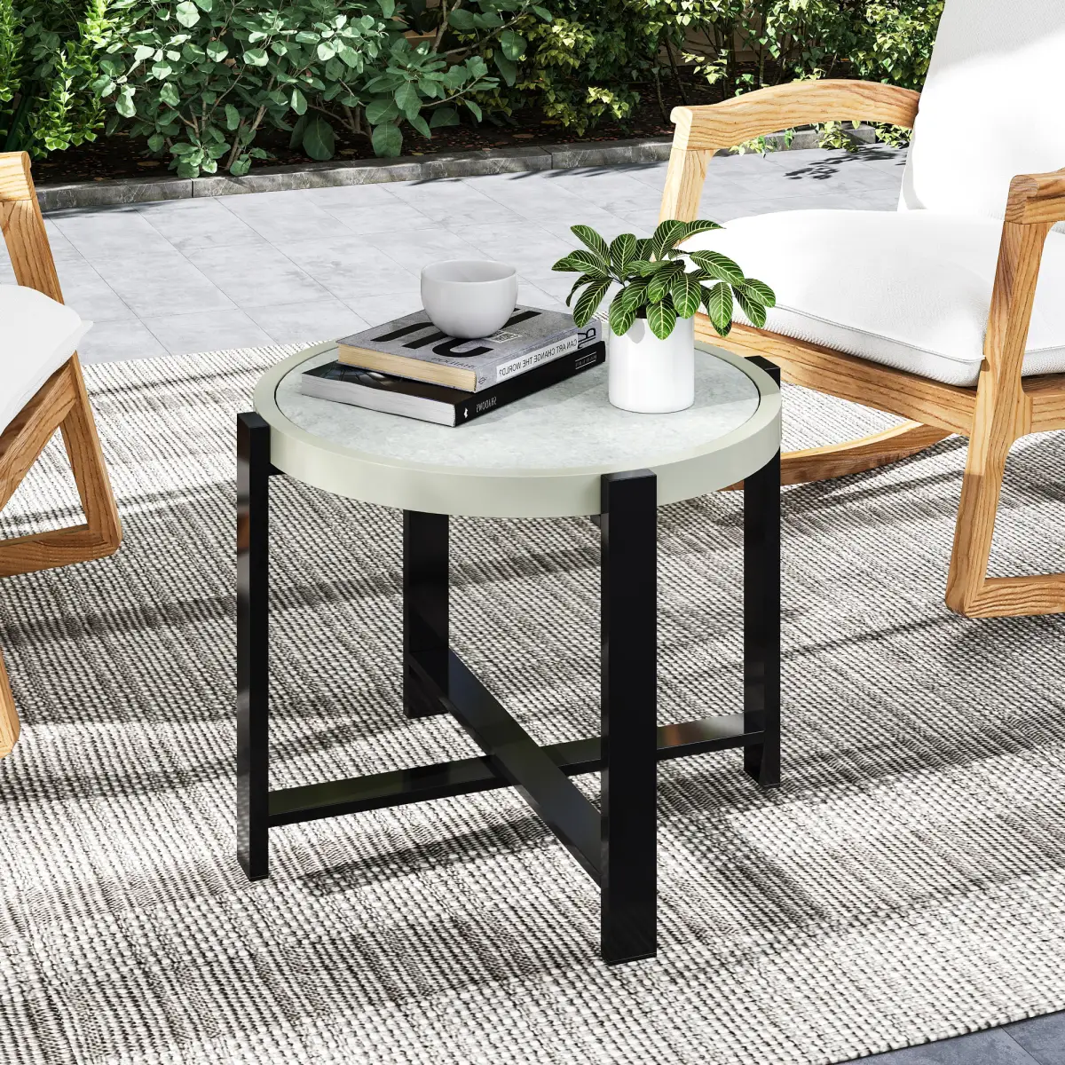 Outsunny Outsunny Round Small Garden Table with Faux Marble Glass Top, Light Grey - Garden Table