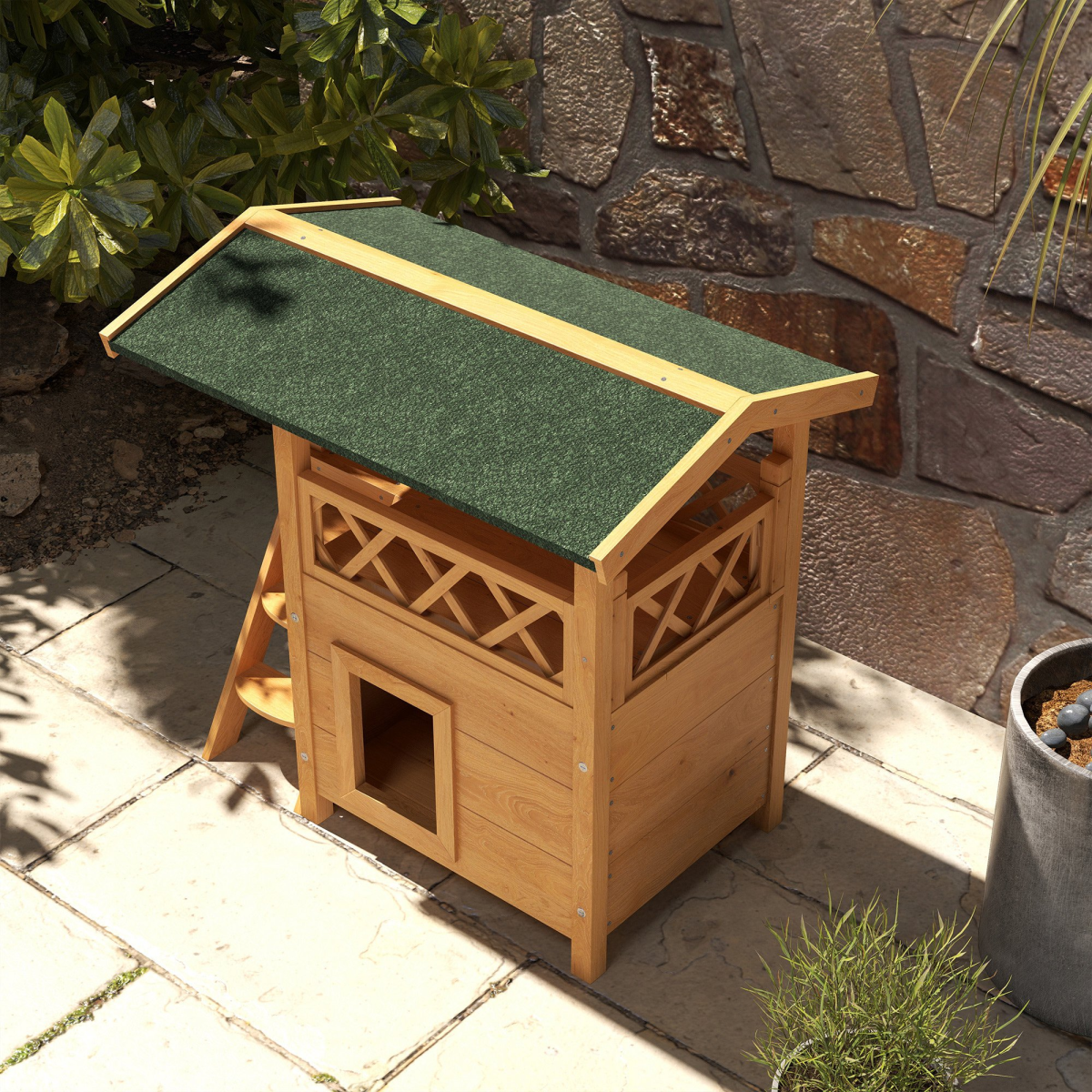 Outdoor Cat House With Balcony And Stairs PawHut Natural Fir Wood Elevated Weatherproof Roof