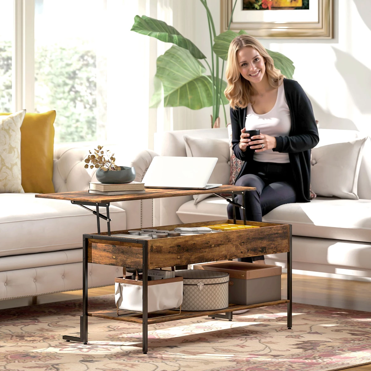HOMCOM Industrial Lift Top Coffee Table With Storage Shelf Rustic Brown For Living Room And Home Office by HOMCOM
