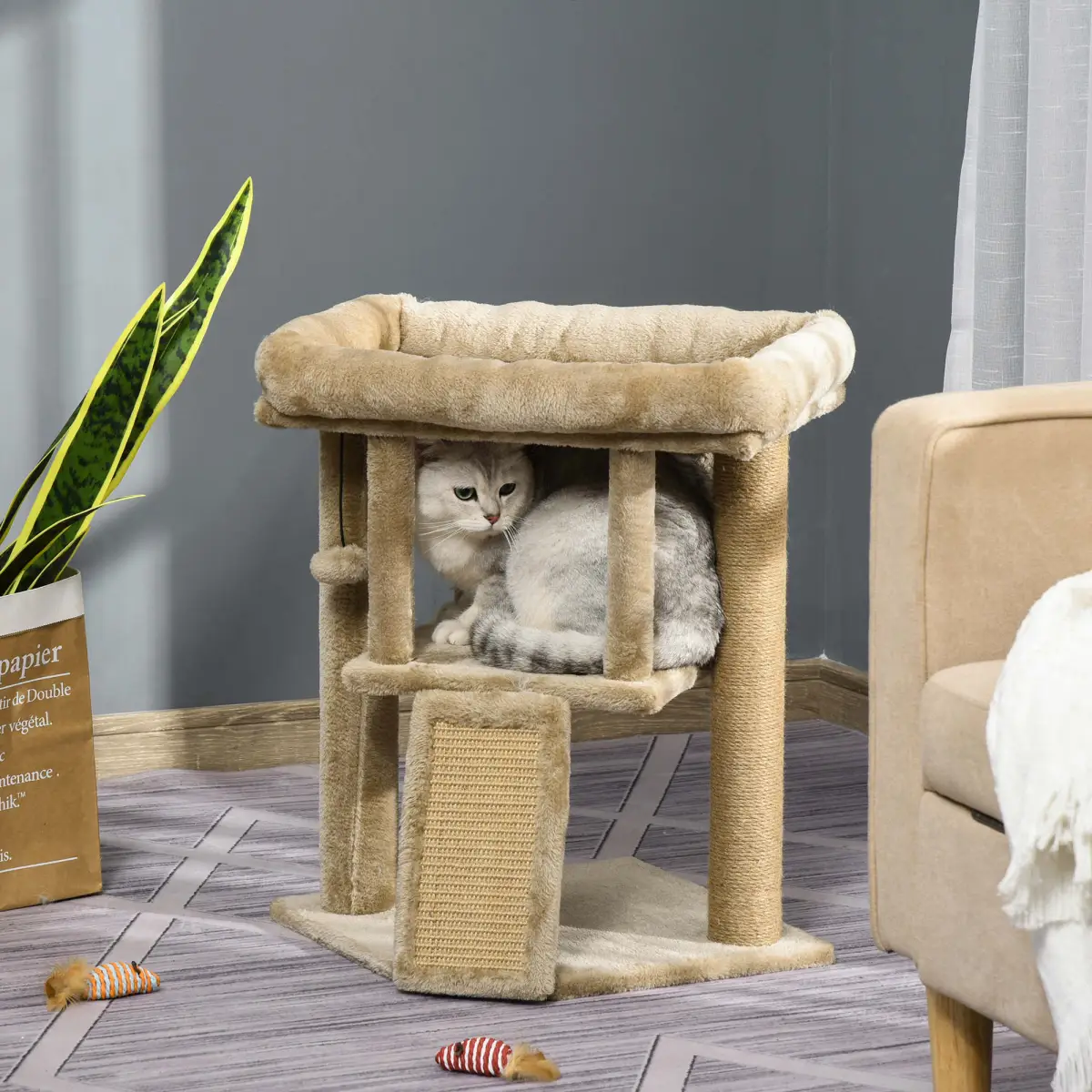 Pawhut Cat Tree Tower W/ Jute Scratching Pad, Toy Ball, Cat House 66x38x88 cm - Coffee - Cat Tree