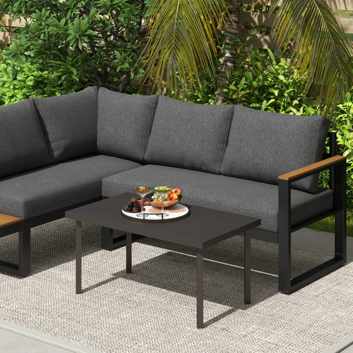 Outsunny Metal Garden Coffee Table 95x55 cm Tabletop Woodgrain Finish for Outdoor Patio by Outsunny