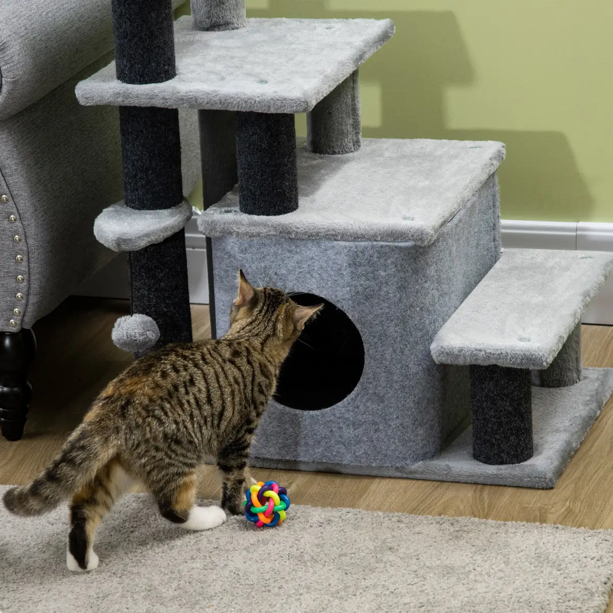 Unbranded Cat Steps for Bed, Sofa Adjustable Height w/ Hanging Ball - Grey Pawhut - Dog Steps