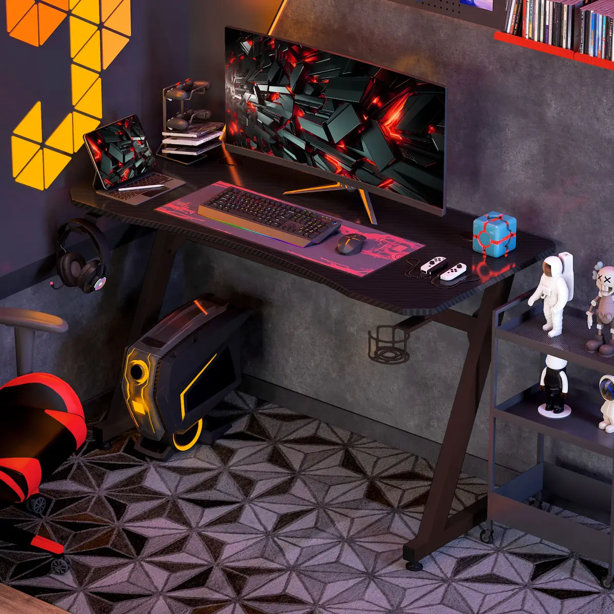 Unbranded Gaming Desk Steel Frame Cup Headphone Holder Adjustable Feet Home Black - Desk