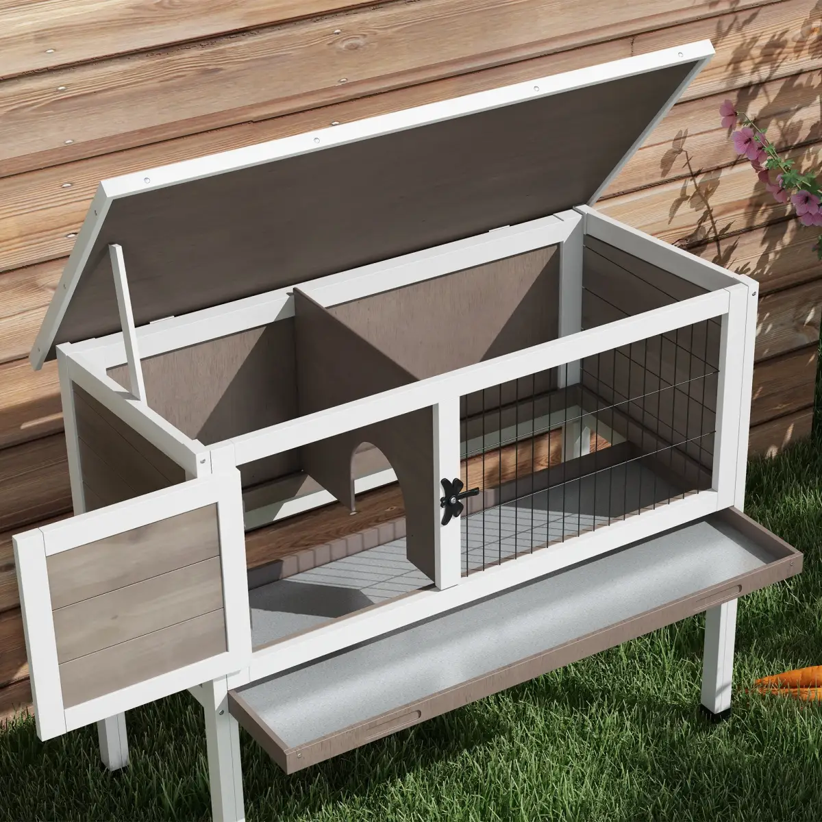 PawHut Pawhut Large Elevated Indoor Outdoor Wooden Rabbit Hutch w/ Asphalt Roof, Tray - Rabbit Hutch