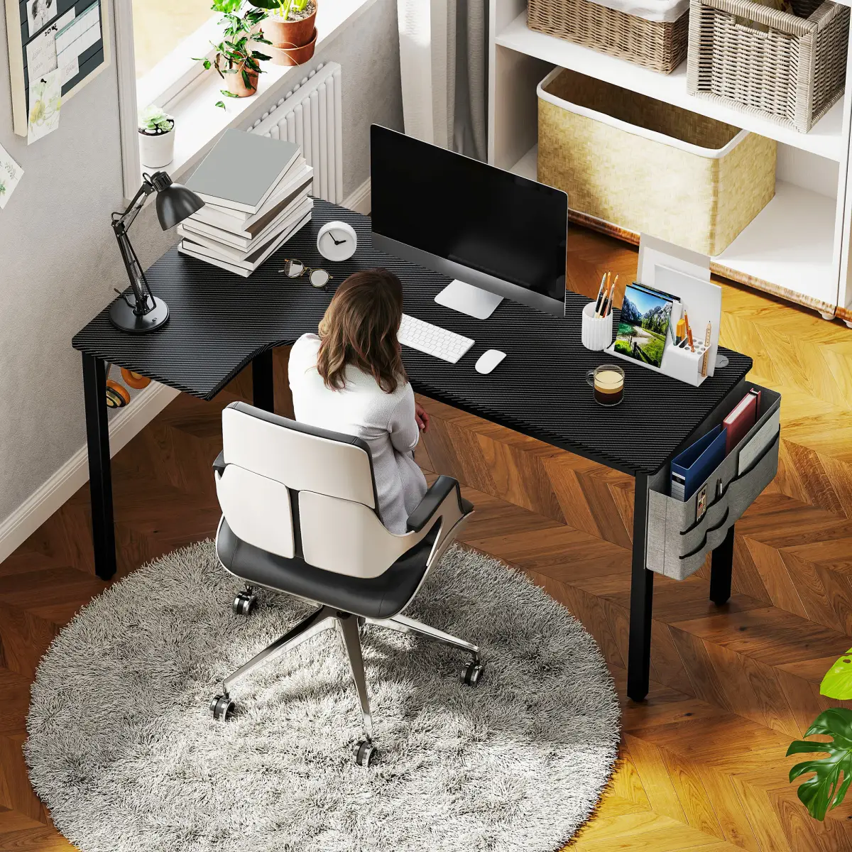 HOMCOM HOMCOM L-Shaped Corner Desk Computer with Fabric Bag and Hooks, Black - Desk