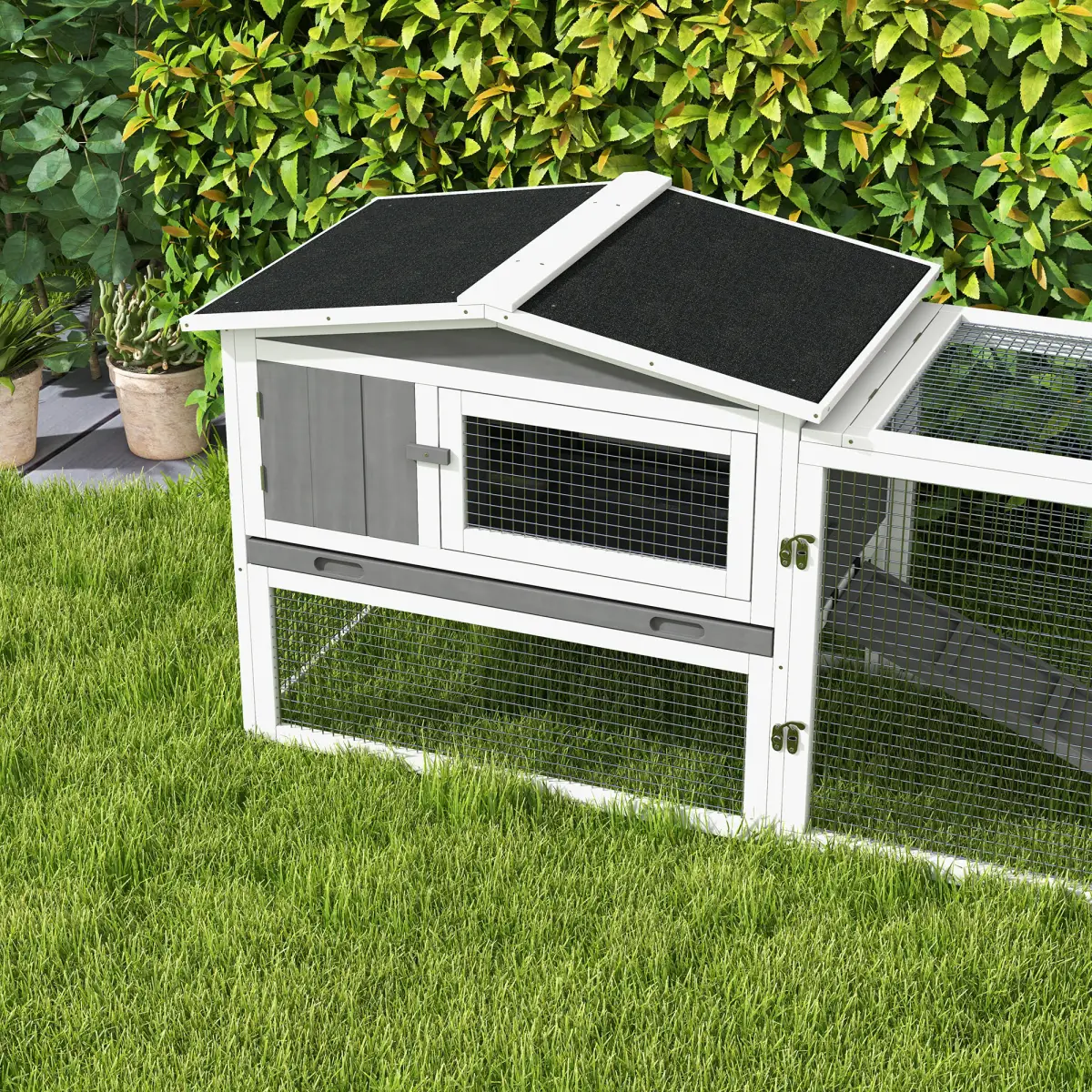 PawHut PawHut Rabbit Hutch and Run Outdoor w/ Sliding Tray Hay Rack Ramp, 156x58x68cm - Rabbit Hutch