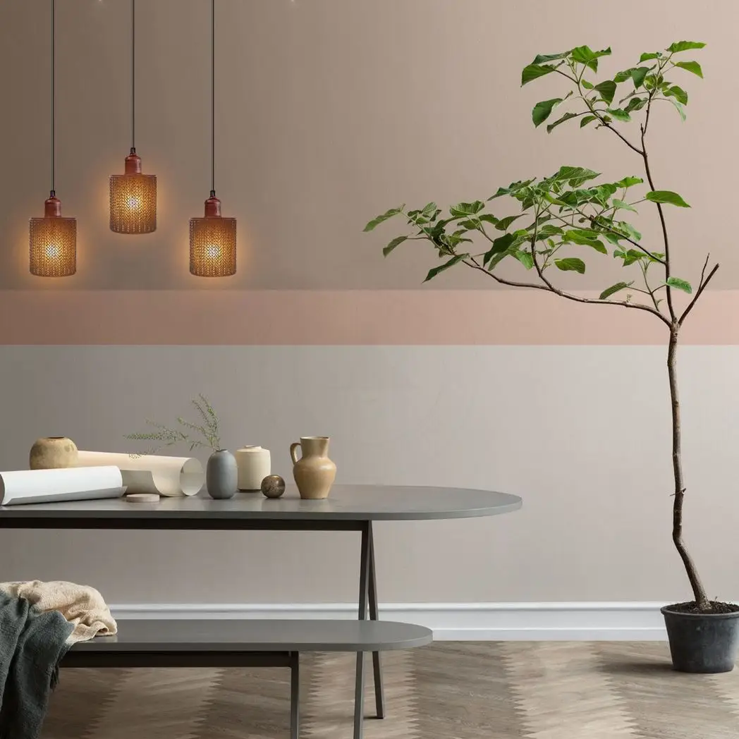 Un-branded Vintage Industrial Rustic Red 3 Head Reactangle Base Pendant Cord E27 Metal Brushed Light Fitting Barel Cage Lamp Shade - Pendant Lights